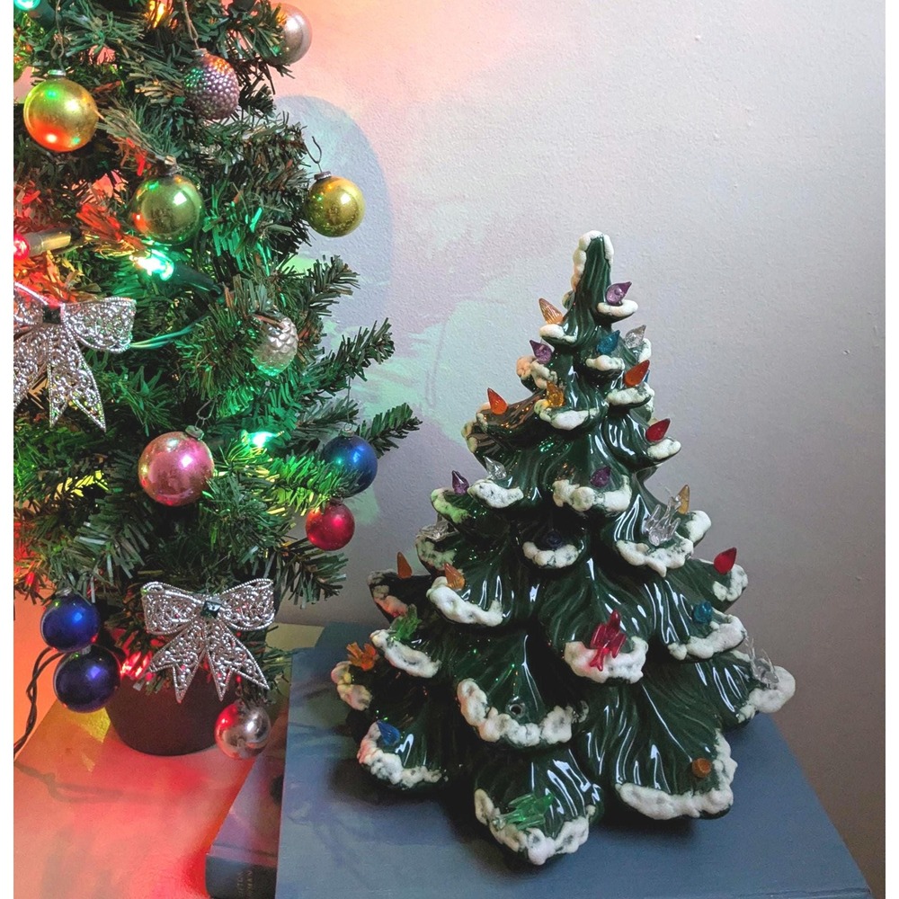 Vintage 12" Ceramic Christmas Tree Replacement Snow Flocked Birds No Light Base